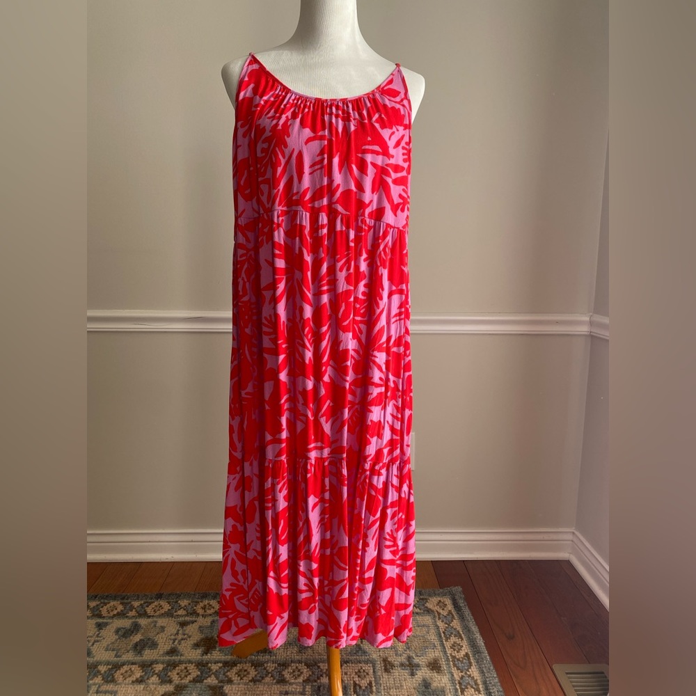 LOFT strappy floral tiered midi dress pink red/pink